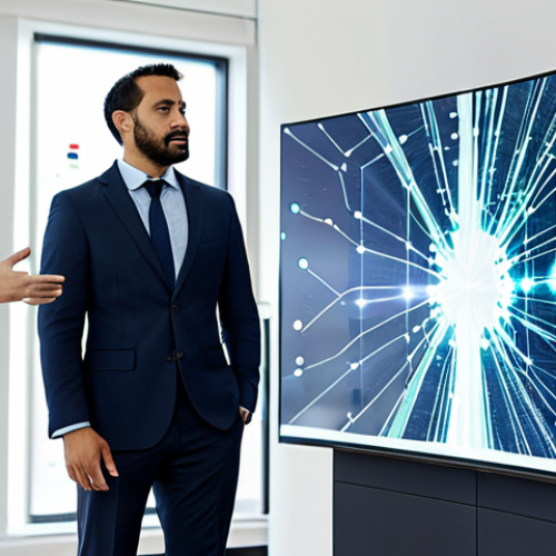Home 4 A diverse group of four professionals, male and female, fully clothed in modest business attire, are gathered around a large, interactive transparent screen. The screen displays abstract, glowing data streams and network connections, symbolizing secure data flow and collaboration. They are discussing with focused expressions in a bright, clean, modern meeting room with minimalist design. Perfect anatomy, correct proportions, natural pose, well-formed hands, proper finger count, natural body proportions, professional photography, high resolution, safe for work, appropriate content, fully clothed, professional.