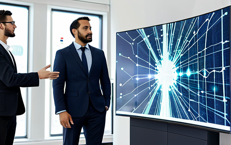 A diverse group of four professionals, male and female, fully clothed in modest business attire, are gathered around a large, interactive transparent screen. The screen displays abstract, glowing data streams and network connections, symbolizing secure data flow and collaboration. They are discussing with focused expressions in a bright, clean, modern meeting room with minimalist design. Perfect anatomy, correct proportions, natural pose, well-formed hands, proper finger count, natural body proportions, professional photography, high resolution, safe for work, appropriate content, fully clothed, professional.