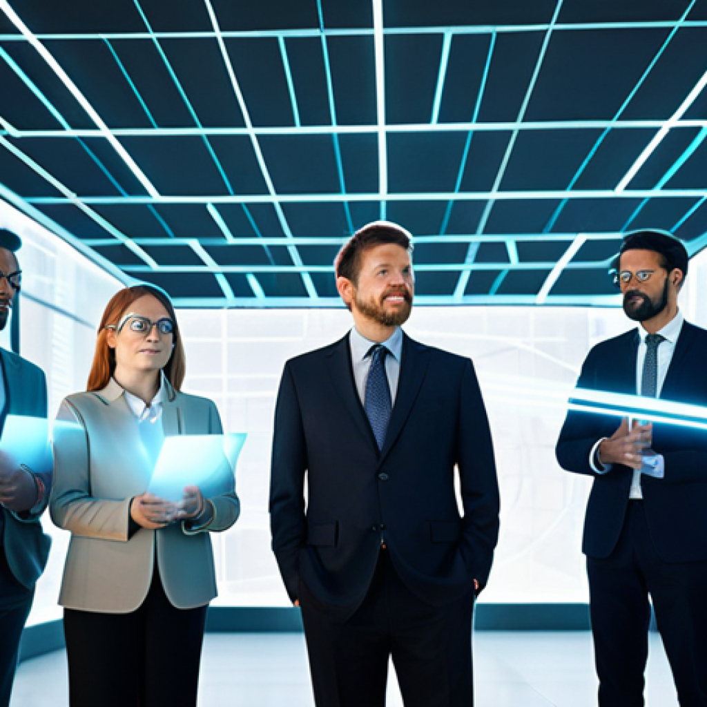 A diverse group of professional adults in modern, modest business attire, standing in a clean, brightly lit digital environment. Abstract representations of data streams flow transparently between secure, glowing nodes. The scene conveys trust, transparency, and collaboration in a digital ecosystem. High-tech, futuristic aesthetic. Perfect anatomy, correct proportions, natural poses, well-formed hands, proper finger count, natural body proportions. Safe for work, appropriate content, fully clothed, professional, family-friendly.