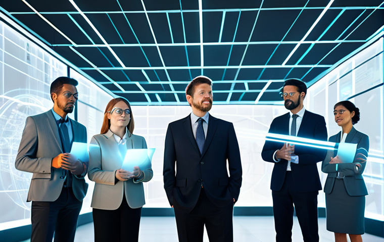 A diverse group of professional adults in modern, modest business attire, standing in a clean, brightly lit digital environment. Abstract representations of data streams flow transparently between secure, glowing nodes. The scene conveys trust, transparency, and collaboration in a digital ecosystem. High-tech, futuristic aesthetic. Perfect anatomy, correct proportions, natural poses, well-formed hands, proper finger count, natural body proportions. Safe for work, appropriate content, fully clothed, professional, family-friendly.