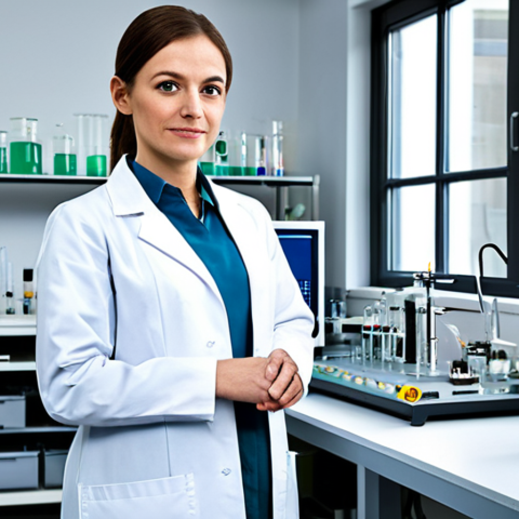 **

"A professional female engineer in a modest lab coat, standing in a clean, modern laboratory with various scientific instruments in the background, fully clothed, appropriate attire, safe for work, perfect anatomy, correct proportions, natural pose, well-formed hands, proper finger count, professional photograph, family-friendly."

**