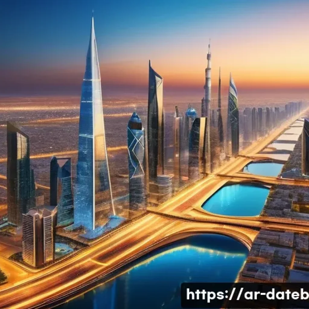 데이터 공유 생태계에서의 성과 사례 분석 - A futuristic smart city in the Middle East at sunset, featuring advanced digital data sharing hubs a...