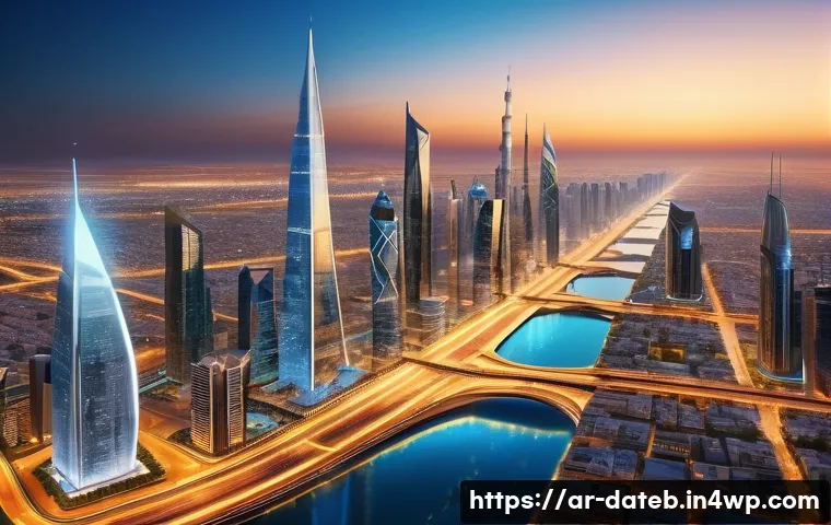 데이터 공유 생태계에서의 성과 사례 분석 - A futuristic smart city in the Middle East at sunset, featuring advanced digital data sharing hubs a...