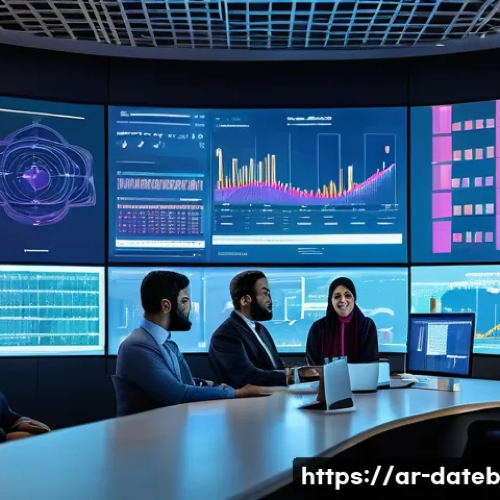 데이터 공유 생태계의 통계적 분석 기법 - A modern Middle Eastern data analytics office scene featuring diverse professionals in business atti...