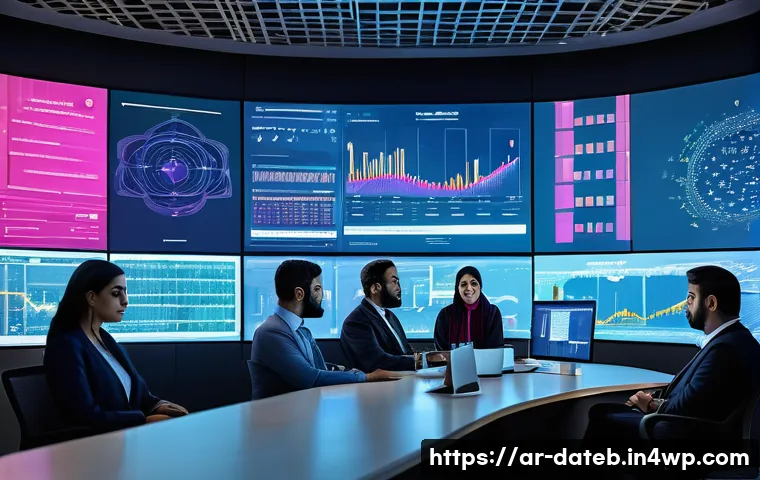 데이터 공유 생태계의 통계적 분석 기법 - A modern Middle Eastern data analytics office scene featuring diverse professionals in business atti...