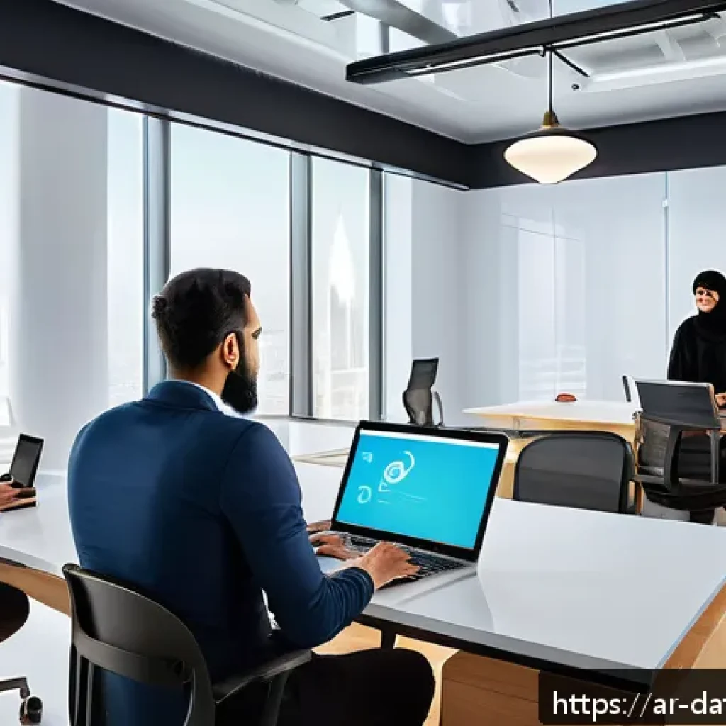 데이터 공유 생태계에서의 협업 도구 - A modern digital workspace scene featuring a diverse Middle Eastern team collaborating remotely via ...