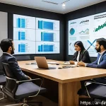 Home 23 데이터 공유 생태계에서의 이해관계자 분석 - A modern Middle Eastern corporate office environment with diverse Arab professionals engaged in a co...