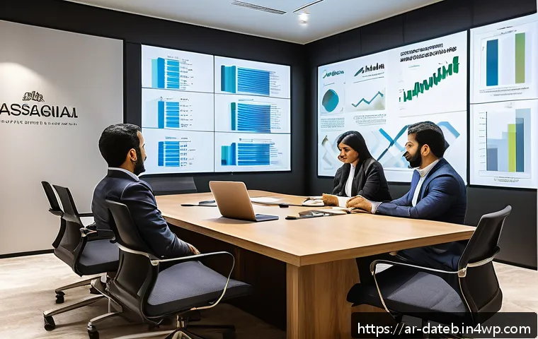 데이터 공유 생태계에서의 이해관계자 분석 - A modern Middle Eastern corporate office environment with diverse Arab professionals engaged in a co...