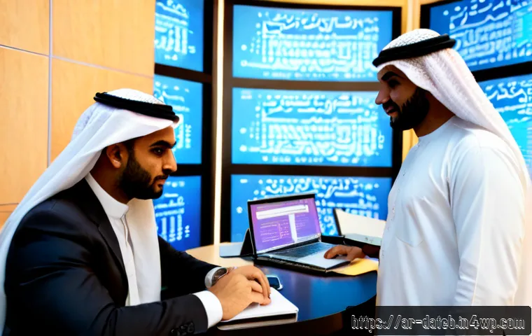 데이터 공유 생태계에서의 데이터 통합 전략 - Photorealistic modern data integration workspace in a Gulf-region business office, diverse Arab prof...